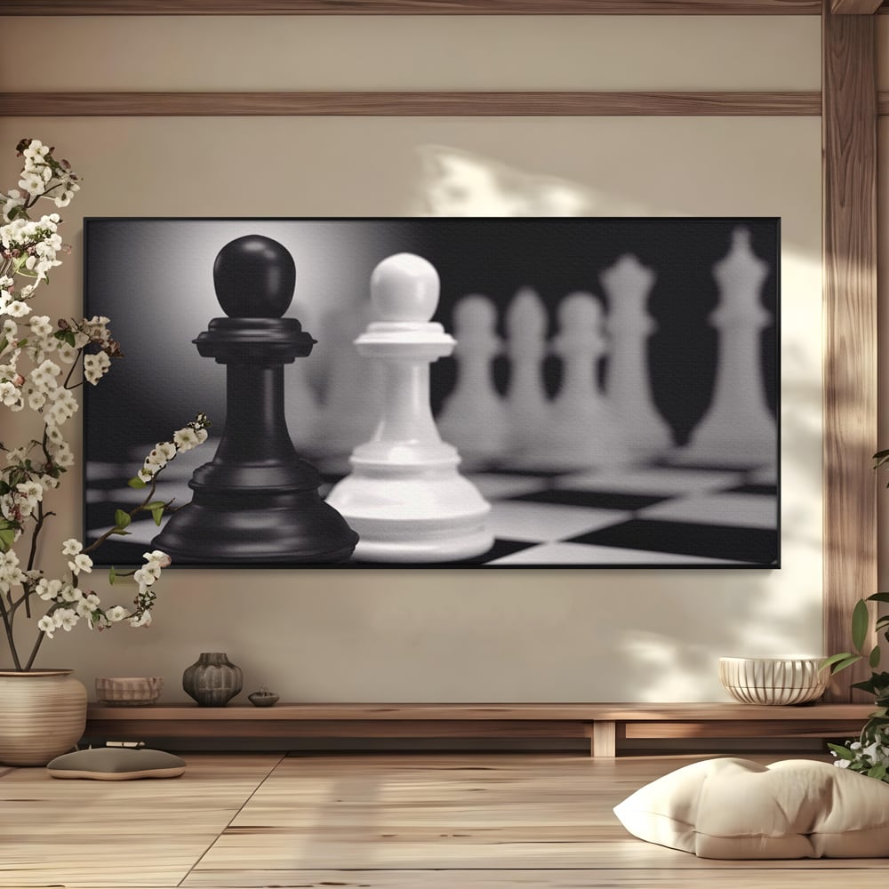 Tablou canvas cu tablou canvas cu piese de sah alb-negru, in rama de aluminiu negru
